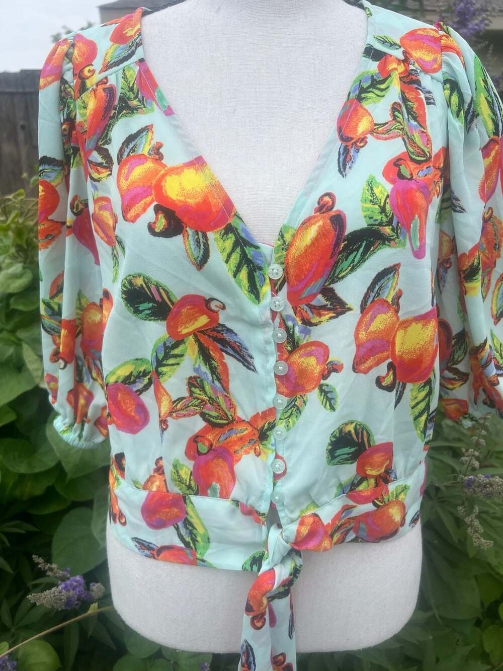 Joie Mango Fruit Print Tie-Front Button-Down Blouse Size Large